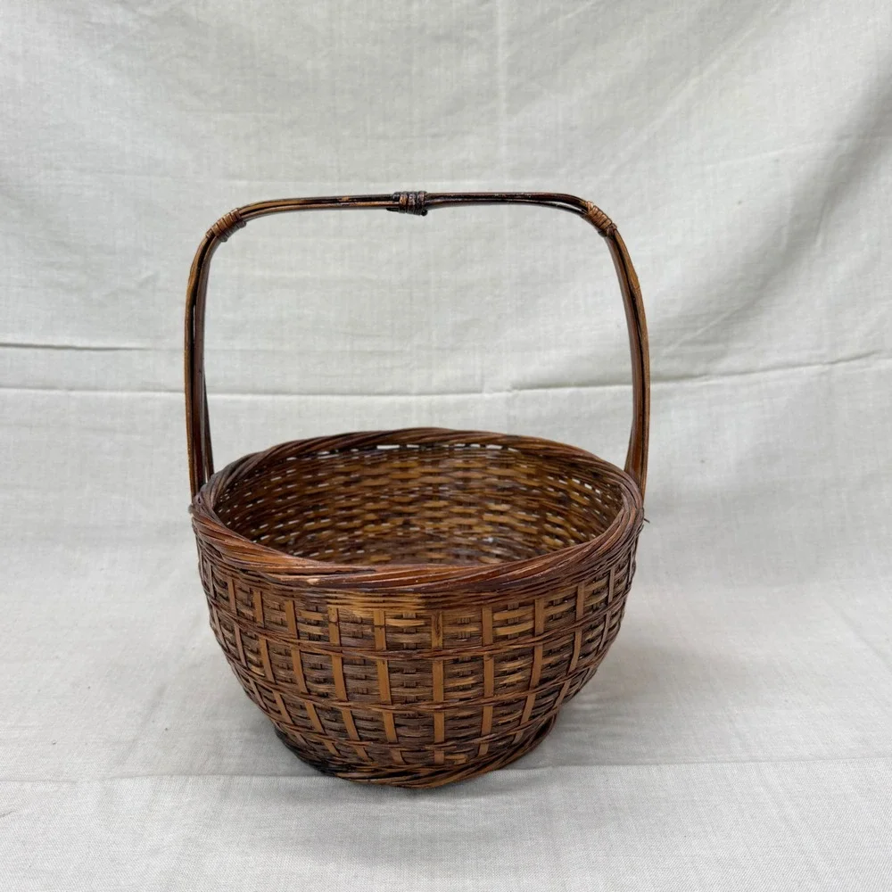 Vintage Woven Bamboo Gathering Basket with Handle Brown Rustic Farmhouse Decor